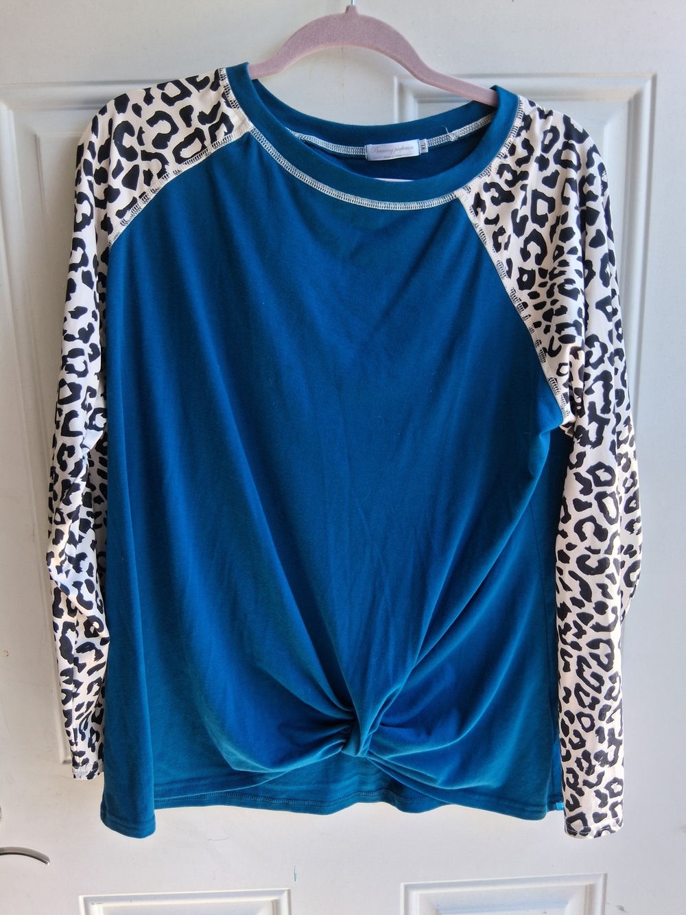 Teal Long-Sleeve Knot-Front Tee with Leopard-Print Sleeves